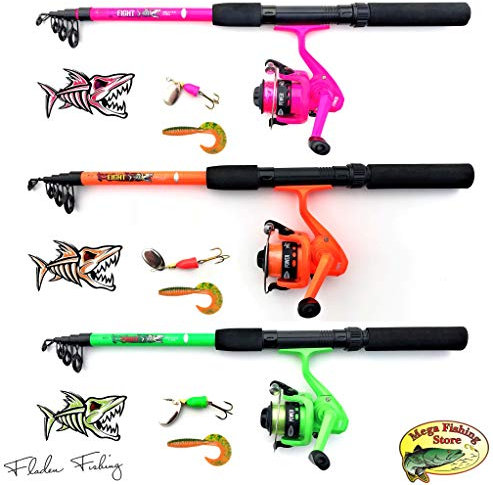 Fladen Kinder-Angel-Starter-Set, Tele-Spinn-Kombi grün/orange/rosa, Teleskoprute, Angelschnur, Spinner-Twister, rosa, 1,65 m