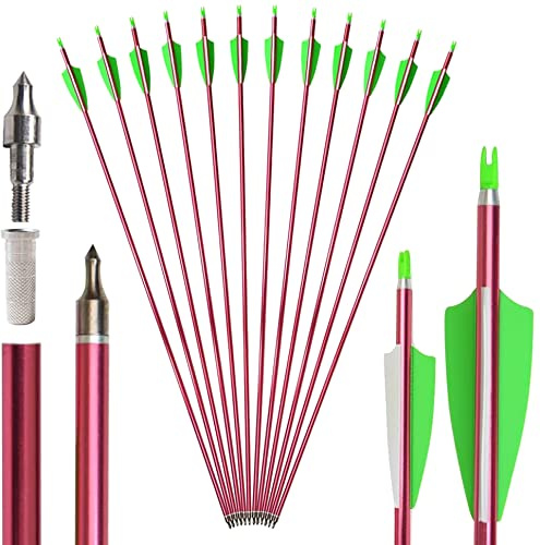 SHARROW 12X Aluminium Pfeile 32 Zoll,Spine 500, 100 Körner Einschraubspitze, Jagdpfeile Kunststoffbefiederung für Recurvebogen, Compoundbogen & Langbogen, Training & Outdoor