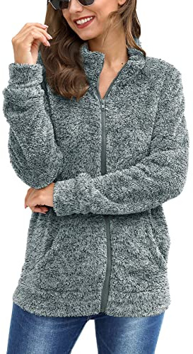 BesserBay Dam teddyfleece jacka varm sweatshirt med full dragkedja och ståkrage fleece sweatjacka S–XXL, GRÅ, S
