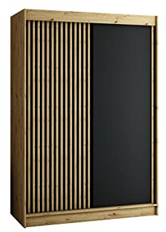 MEBLE KRYSPOL Schwebetürenschrank LAMELO mit Zierstreifen, Kleiderschrank mit 2 Kleiderstange, Modern Design (150 cm)