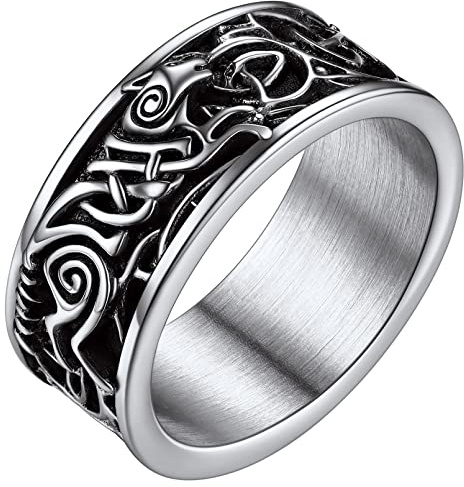 FaithHeart - Anillo de acero inoxidable con cabeza de lobo peronizado con anillo de dedo Rune Retro Viking Wolf con nudo celta Viking Anillo para hombre y hombre, 71.5, Metal, Sin piedras preciosas