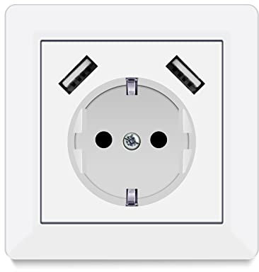 Steckdosen mit USB, (max. 5 V 3,4 A) Schuko-Steckdose USB Embedded System 55 reinweiß glänzend Wandsteckdose Steckdose nur 32 mm tief