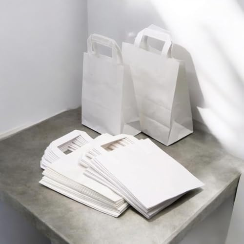 HOT BARGAINS Paper Bags With Handles White Small 19x8x25cm 50 Pack | SOS Takeaway Food Carriers