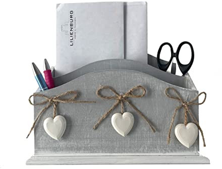 LB H&F Briefablage Papierablage Schreibtisch-Organizer Utensilo Stifteablage Holz Herz Grau/Weiß 24cm Aufbewahrungsbox Briefe Stifte (Grau)
