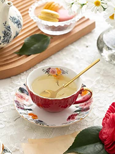 Porzellan-Teetasse mit Untertassen und Löffel 8oz Florale Kaffeetasse mit Goldrand Halter, Britische Keramik-Teetassen-Set Espresso Cappuccino Latte Tassen für Geburtstag Party Tischdekoration (Rot)