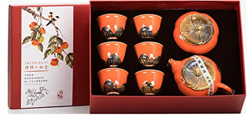 Juego de té de regalo para regalo de negocios de fiesta de boda, juego de té chino Kung Fu con diseño de caqui, juego de té de cerámica de porcelana hecha a mano (1 olla, 6 tazas, 1 tarro de té)