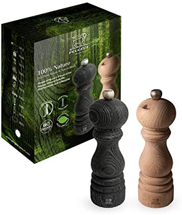 PEUGEOT- 100% natürliches Set Paris Nature- Pfeffermühle + Salzmühle 18 cm + Schwarzer Pfeffer- Klassische Mahlgradeinstellung- Recyceltes Holz mit PEFC-Siegel - Naturfarben