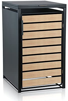 Zelsius Mülltonnenbox 1er Mülltonne | (B) 68 x (T) 80 x (H) 117 cm | Anthrazit RAL 7016 | Tür in Holzoptik inkl. Erweiterungsmöglichkeit | Mülltonnenverkleidung, 1 Tonne, Müllhaus