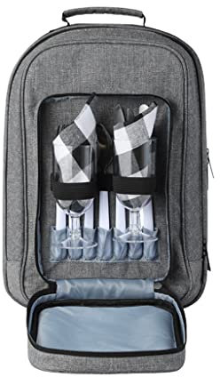DUANIP Picknick-Rucksack for 2 Personen mit Kühlfach, abnehmbarem Flaschen-/Weinhalter, Picknickmatte, Tellern und Besteck (2 Personen, Leinengrau)