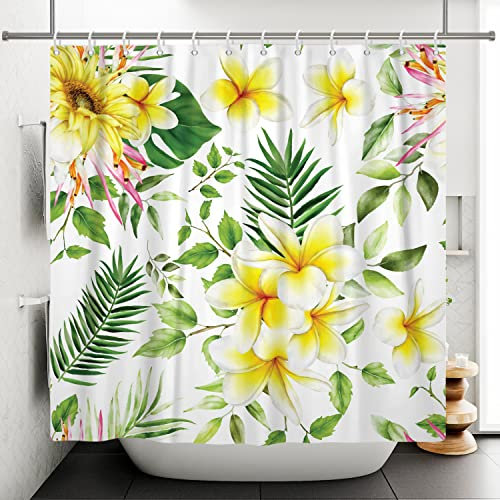 Ttincceer 71x71inch Flower Shower Curtain Lily Sunflower Flower Bath Curtain Green Plant Palm Leaf Yellow Flower Blooming Shower Curtains Waterproof Bathtub Curtain