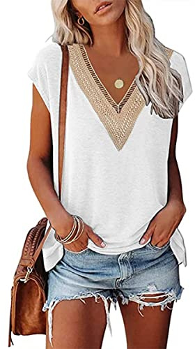 GRMLRPT Blusa Cuello en V Color Sólido 2025 Camisa Manga Corta Mujer Verano Moda T-Shirt Elegante Camiseta Suelto Tops Casual(Blanco,L)