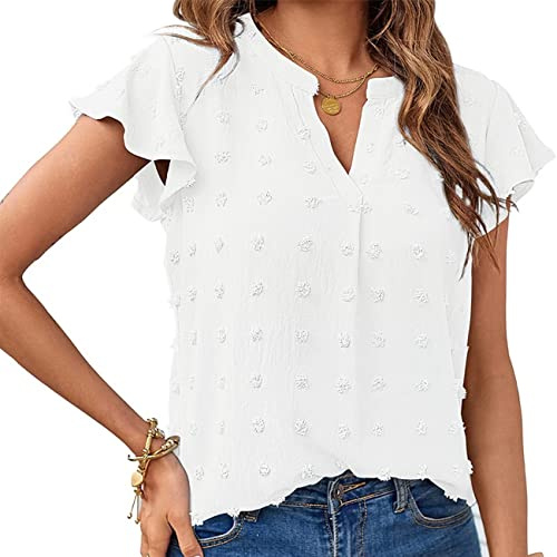 RPAEOY T Shirt Donna Camicia Elegante Maglietta Maniche Corte Blusa con Scollo a V Volant Texture 3D Maglia Estiva Top Casual Abbigliamento Primavera Estate