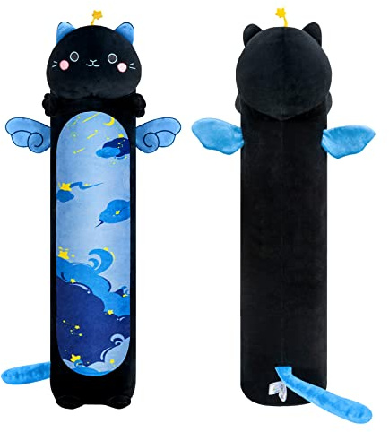 Mewaii 130CM Kuscheltier Kawaii Katzen Plüsch Kissen Stofftiere Lang Kätzchen mit Blauem Sternenmuster Plüschtier Ausgestopftes Tier Spielzeug Kuschelkissen Geschenk Plüschkissen über 3 Jahren