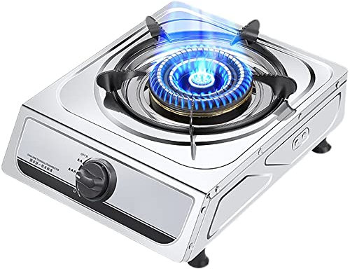 Table de cuisson à gaz Réchaud de camping à gaz portable 5,2 kW Plaque de cuisson en acier inoxydable Brûleur unique, avec supports de poêle en fonte, pour la cuisine à la maison Camping Caravane