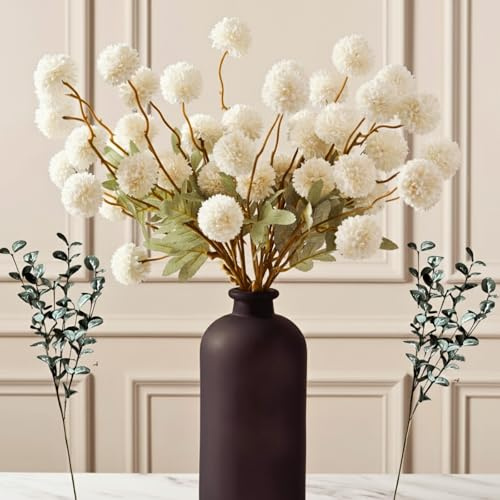 RyddeligHome White Faux Kiku Flowers for Vase - 10 Long Stem Artificial Flowers with Eucalyptus, Realistic Winter Floral Stems for Tall Vases, Farmhouse Home Decor (Premium Quality)