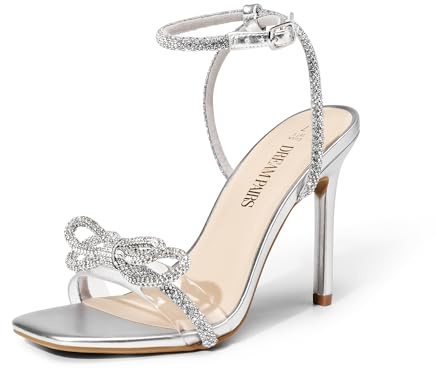 DREAM PAIRS Women's Double Bowknots Crystal Sandals Clear Slingback Heels Square Toe Shoes for Party Wedding Brielle,Size 8,Silver,SDHS2389W