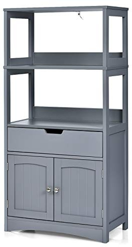 GIANTEX Badezimmerschrank mit Schublade und 2 offenen Regalen | Mehrzweckschrank für Mikrowelle, 60 x 32,5 x 122 cm (Grau)