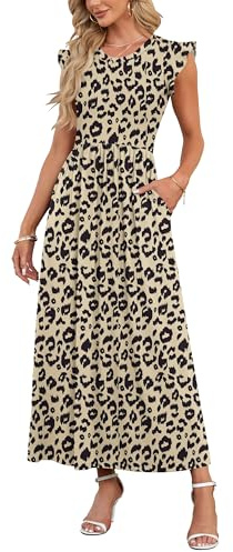 AUSELILY Summer Maxi Dress Women with Pocket Beachdress Petal Ruffle Sleeve | High Waist Crew Neck Casual Long Sundress A Line Flowy Wedding Cocktail Party Dresses Ladies Vacation Maternity Daily Boho