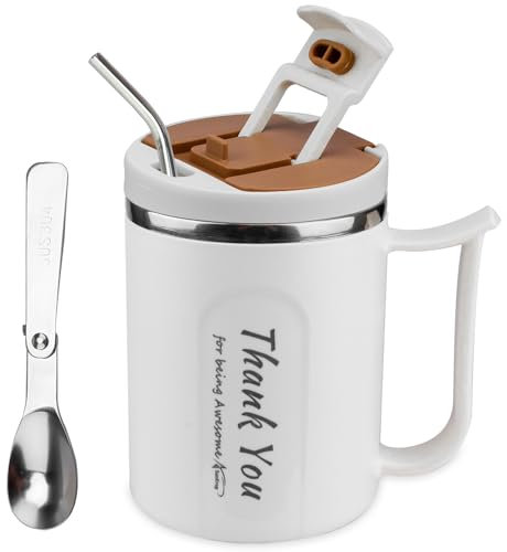 SunKrop Coffee Cup with Straw and Spoon 17OZ/500ML Stainless Steel Tumbler Office Mugs with Handle and Lid, Appreciation Gifts for Coworkers Employee Teacher Friends Family