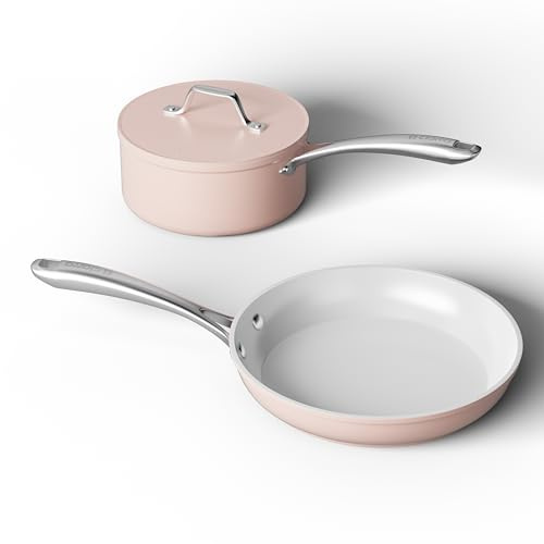 Ciarra Beyond Pfannenset 2 teiliges,Bratpfanne 26 cm + Stielkasserolle 20 cm mit Deckel Griff, Rosa Induktion Keramik PTFE-frei PFOA-frei PFAS-frei,Keramikpfanne induktionsgeeignet Backofenfest