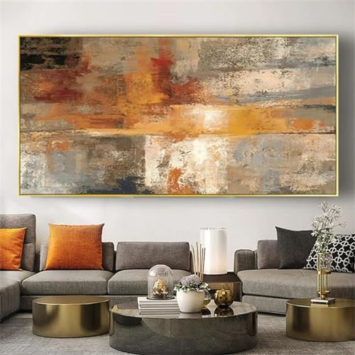 Pintura al óleo sobre lienzo de color cálido abstracto, cuadro de pared grande simple, arte gris beige sobre lienzo para decoración de la sala de estar del hogar, 65x140cm/26x55in sin marco