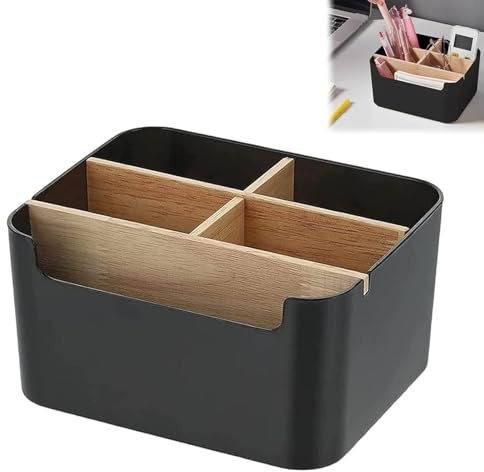 Huamirra Schreibtisch Organizer, Holz Desktop Organizer Bambus,5 Fächer Bambus Büro Organizer mit Stifthalter, Aufbewahrungsbox Desk Organizer für Stifte, Kosmetika, Haftnotizen (Schwarz)