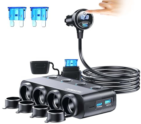 HURMAI Cigarette Lighter Splitter Adapter 216W 4 Socket Heavy Duty Truck Car USB Chager Multi Port with PD30W/QC3.0 Charge USB C 12V/24V Independent Switches & Dust Cover & Waterproof for Car Devices