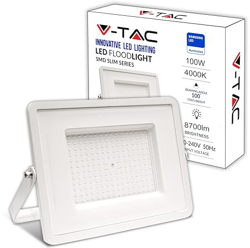 V-TAC Faro LED da Esterno Bianco 100W - [Chip Samsung - Alte Perfomance, Bassi Consumi] - 8700 Lumen - IP65 - Proiettore Faretto LED Nero per Casa, Giardino, Garage - Impermeabile - Fari Luce Naturale