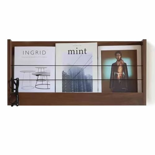 KHLMSRXJ Prospekt- und Zeitschriftenhalter für die Wand, hängende Bücherregale aus Holz mit elastischer Kordel zum Schutz vor Stürzen, Ständer für Literaturordner (braun, 64 cm)