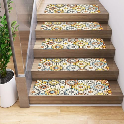 Odot Retro Treppenstufen Matten, Stufenmatten, Treppenteppich, Gummimatte Nationaler Stil, Stufenmatten Innen, 100% Polyester -Rücken für Kinder, Älteste und Haustiere (Gelb,5Stück)