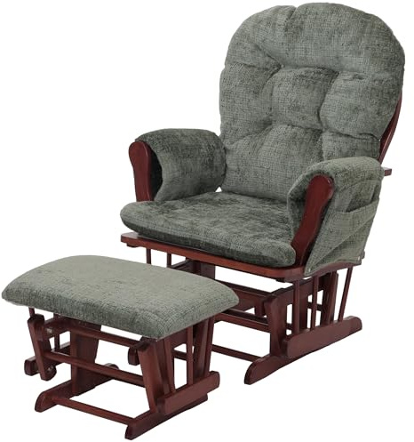 Mendler Relaxsessel HWC-C76 Stoff - grün, Gestell dunkel | Schaukelstuhl, Schwingstuhl, mit Hocker, Chenille, (465g/m²), Öko-Tex