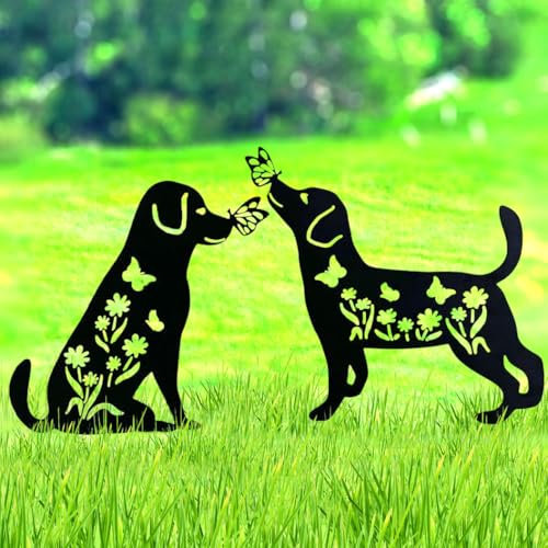 Lot de 2 décorations de jardin en métal pour l'extérieur – Statues uniques de chien, piquets décoratifs de jardin, cadeaux pour femme/homme, silhouette de cour, idéal pour décorer les fonds, les