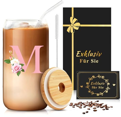 CIGAA Geschenk für Frauen - Becher mit Deckel und Strohhalm, A-Z Buchstaben Personalisiertes Trinkglas zum Geburtstag Weihnachten, Glasbecher mit Reinigungsbürste für Kaffee Bier Cocktails (500ml)
