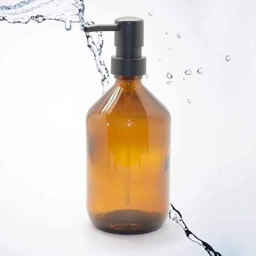 Pajoma Seifenspender 500 ml aus Glas - Braunglasflasche | Ø 8.5 x 21 cm - mit schwarzem Pumpkopf | Stilvoller Spülmittelspender, Handseifenspender & Pumpspender - ideal für Küche, Bad und Dusche