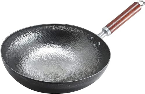 SGKOMN Wok Wok Tradizionale martellato a Mano in Acciaio al Carbonio, Legno e Acciaio Manico Rimovibile Fondo Rotondo Solo per fornelli a Gas(34cm)