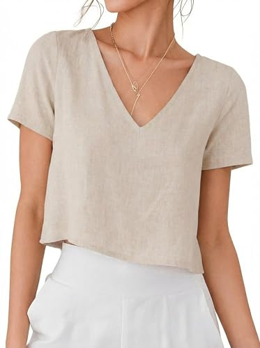 IDEALSANXUN Linen Tops for Women 2026 Trendy Spring Summer V Neck Cute Crop Beach Short Sleeve Shirts Blouses, Beige, M