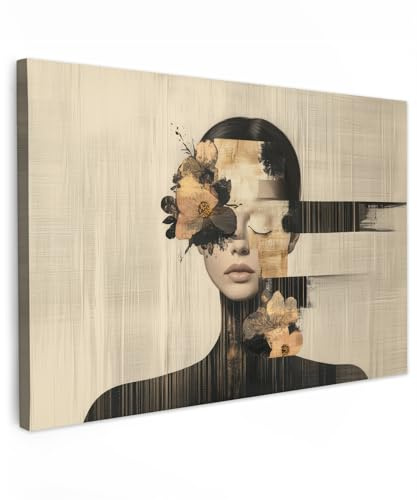 MuchoWow© Bilder Groß XXL Wohnzimmer Deko Modern Wandbild Kunstdruck | 120x80 cm - Leinwand Bild Schlafzimmer über Bett Room Decor Geschenke Gesicht - Blumen - Schwarz - Frau