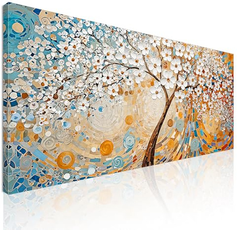 CheQuadro! Quadro moderno soggiorno, quadro grande, Albero Della Vita Fiori Bianchi Astratti, avt13 quadro stampato su tela pronto da appendere 150x70 cm