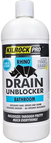 KilrockPRO Rhino Bathroom Drain Unblocker 1L Heavy-Duty Plug Hole Cleaner for Showers, Baths & Sinks Dissolves Hair, Sludge, Soap Scum Fast Acting, Non-Acidic Drain Cleaning Formula Blue - 1 Pack