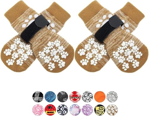EXPAWLORER Hundesocken Anti-Rutsch 2 Paar doppelseitige rutschfeste Hunde Socken Leckschutz für Innenbereich mit verstellbarem Klettverschluss, Pfotenschutz Traktion Kontrolle Grip Socken, Khaki XXS