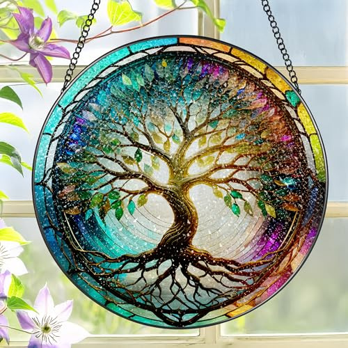 LAOWEIKI Buntglas-Fensterbehang, 20,3 cm, Baum des Lebens, Buntglas-Ornament, Sonnenfänger zum Aufhängen von Fenstern, Fensterdekoration, für drinnen oder draußen, Geschenke für Mutter, Oma, Ehefrau