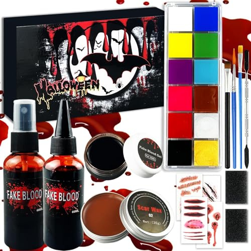Halloween Schminke Set, Halloween Make up Kunstblut mit Narbenwachs, 2 Kunstblut (Spray und Dropper), Bodypainting Farben, Creme Fake Blut, Ideal für Zombis & Vampir Kostüme