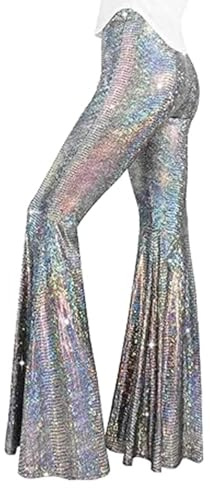 Damen Pailletten Hose glitzernd hohe Taille weites Bein ausgestellte Hose Schlaghose Nachtclub Clubwear Damen Pailletten Schlaghosen, silber, XXL