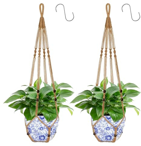 Apstaqeoo Hanging Planters Baskets, Jute Rope Macrame Plant Hanger with 2 S Hooks, Wall Hanging Flower Pot Holder No Tassels Hanging Planter with Wood Beads for Indoor Outdoor Home Decor (2PCS, 90CM)
