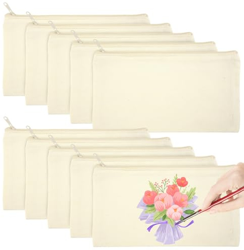 10 Stück 21x12 cm Blanko Stoffbeutel Zum Bemalen, Mäppchen Zum Bemalen | DIY Stoffbeutel mit Reißverschluss, Kosmetiktasche Stoff Federmäppchen, Blanko Stoff Federmäppchen, für Arbeit, Schule