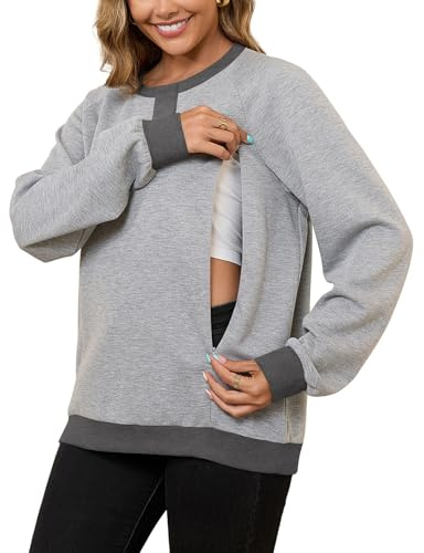 Bhome Nursing Sweatshirt Maternity Breastfeeding Shirts Hidden Zipper Long Sleeve Nursing Tops Loose Fit with Pockets,Light Heather Gray M