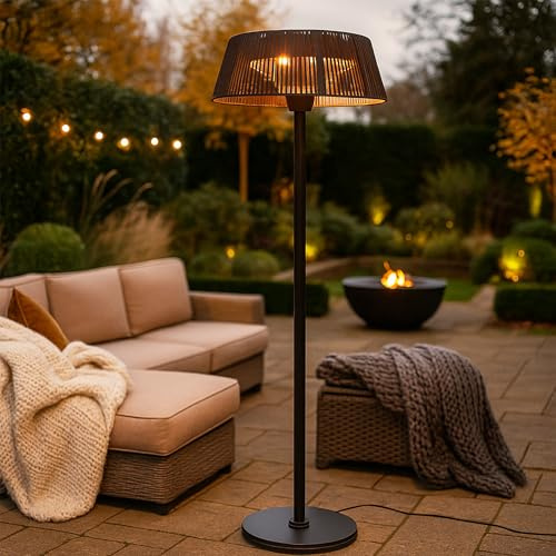 JSH Caldo/Solara Floor Standing Outdoor Electric Patio Heater | 3 Heat Settings 800/1200/2000W | Large Stylish Modern 60cm Lampshade Design | Portable Garden Space Halogen Heating (Caldo)