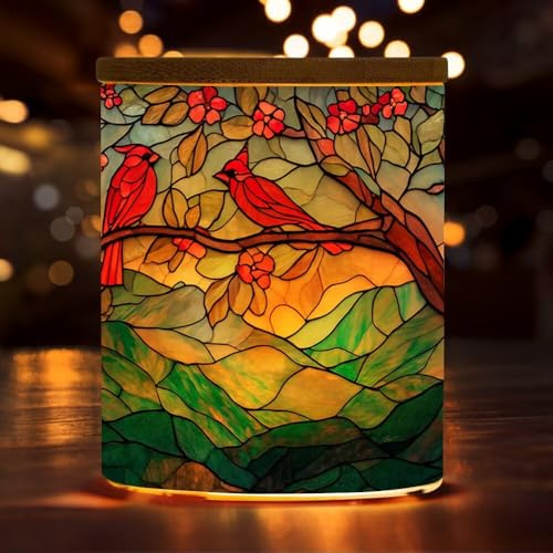 Stained Glass Tree of Life Tealight Candle Holder, Cardinal Bird Candlesticks Desk Lamp, Tree of Life Battery Operated Tea Light Jar for Home Decor, Wedding, Birthday Living Room
