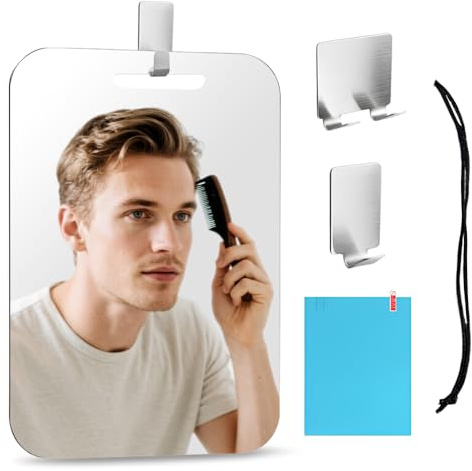 HMCEY Specchio da Doccia Antiappannamento 18 X 25 CM,Specchio da Appendere Piccolo con 2 Gancio Adesivo,Specchios Bagno Infrangibile,Specchios da Trucco,Shower Mirror per Barbiere,Campeggio,Cosmetico