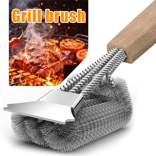 HAZENS Grillbürste mit 39 cm Holzgriff, Edelstahl Schaber | Dichte Edelstahlborsten , für Gasgrill, Holzkohlegrill, Kugelgrill, Elektrogril und Grillrost